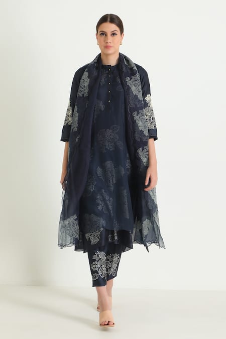 Arcvsh By Pallavi Singh Blue Organza, Silk, Chanderi Embroidery Floral Print Layered Kurta And Pant Set at Aza Fashions Arcvsh By Pallavi Singh_Blue Organza, Silk, Chanderi Embroidery Floral Print Layered Kurta And Pant Set _at_Aza_Fashions