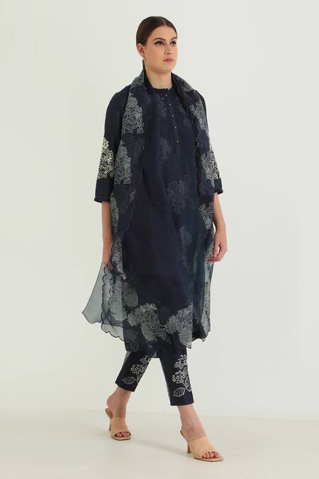 Buy Arcvsh By Pallavi Singh Blue Organza, Silk, Chanderi Embroidery Floral Print Layered Kurta And Pant Set Buy_Arcvsh By Pallavi Singh_Blue Organza, Silk, Chanderi Embroidery Floral Print Layered Kurta And Pant Set