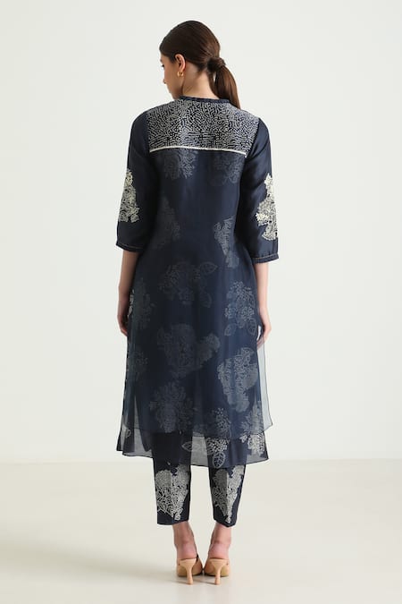 Shop Arcvsh By Pallavi Singh Blue Organza, Silk, Chanderi Embroidery Floral Print Layered Kurta And Pant Set at Aza Fashions Shop_Arcvsh By Pallavi Singh_Blue Organza, Silk, Chanderi Embroidery Floral Print Layered Kurta And Pant Set _at_Aza_Fashions