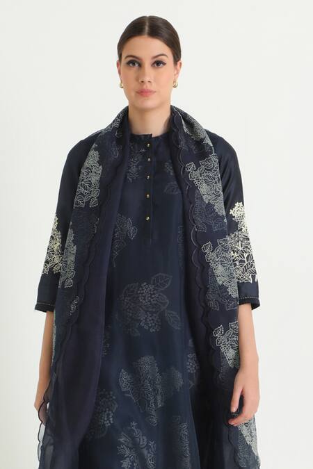 Arcvsh By Pallavi Singh_Blue Silk, Organza, Chanderi Embroidery Floral Print Layered Kurta Pant Set _at_Aza_Fashions