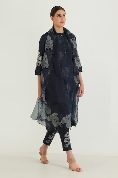 Buy_Arcvsh By Pallavi Singh_Blue Silk, Organza, Chanderi Embroidery Floral Print Layered Kurta Pant Set 