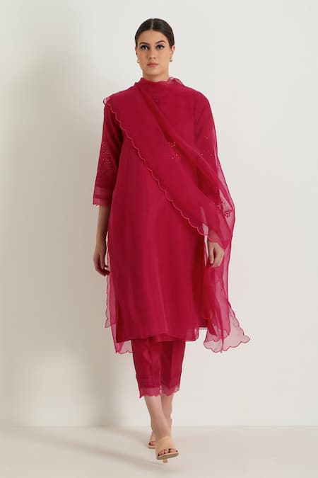 Shop_Arcvsh By Pallavi Singh_Fuchsia Organza, Silk, Chanderi Embroidery, Floral Sleeve Kurta Pant Set _Online_at_Aza_Fashions