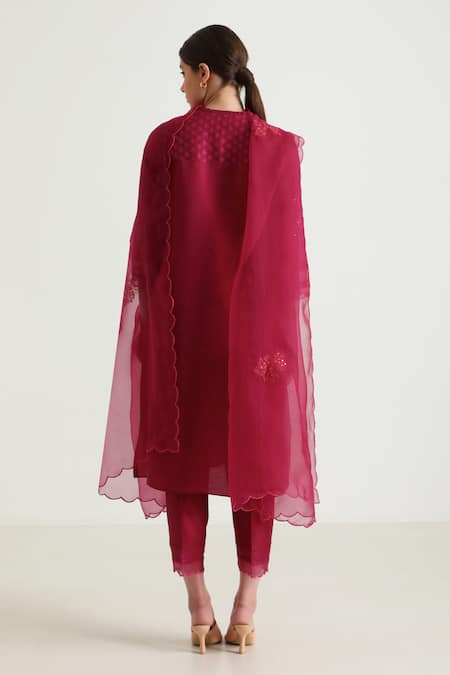 Shop_Arcvsh By Pallavi Singh_Fuchsia Organza, Silk, Chanderi Embroidery, Floral Sleeve Kurta Pant Set _at_Aza_Fashions
