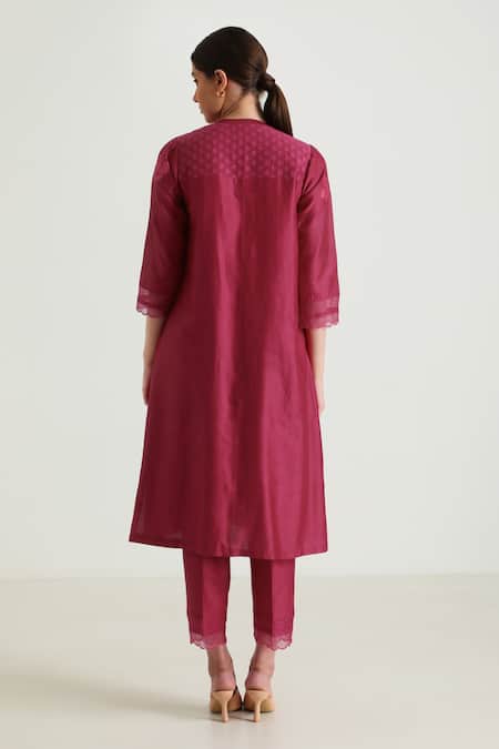 Shop_Arcvsh By Pallavi Singh_Fuchsia Silk, Chanderi Embroidery Bandeau Floral Placement Kurta And Pant Set _at_Aza_Fashions