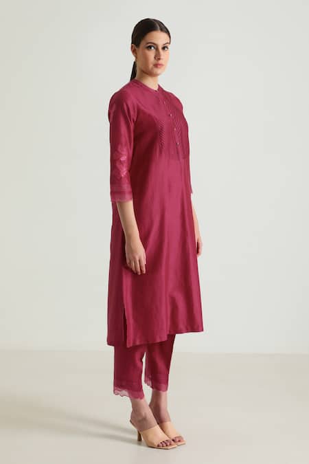Buy_Arcvsh By Pallavi Singh_Fuchsia Silk, Chanderi Embroidery Bandeau Neck Floral Placement Kurta Pant Set _Online_at_Aza_Fashions