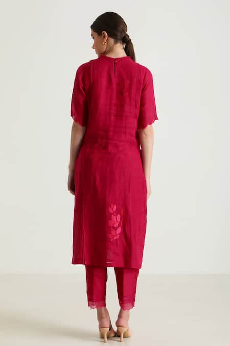 Shop_Arcvsh By Pallavi Singh_Fuchsia Gabardine, Silk Embroidery Round Neck Floral Thread Kurta And Pant Set _at_Aza_Fashions