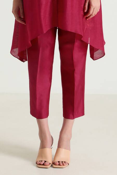 Arcvsh By Pallavi Singh_Fuchsia Silk, Chanderi, Viscose, Linen Thread Placement Shirt Tunic And Pant Set _Online_at_Aza_Fashions