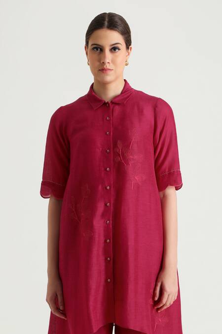 Buy_Arcvsh By Pallavi Singh_Fuchsia Silk, Chanderi, Viscose, Linen Thread Placement Shirt Tunic And Pant Set _Online_at_Aza_Fashions