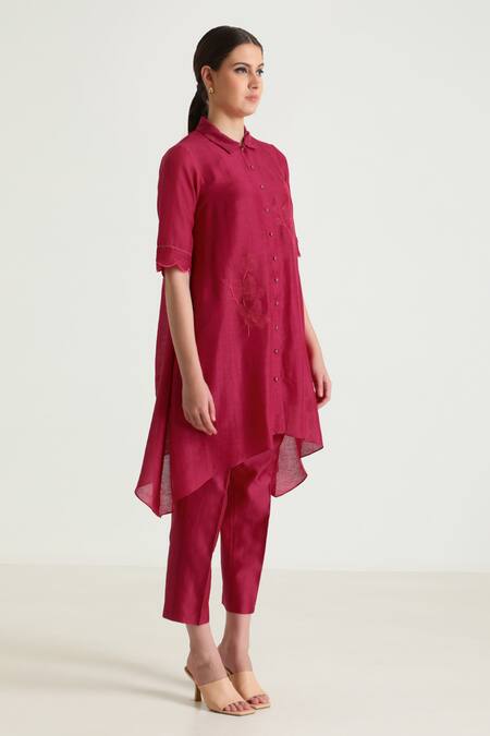 Shop_Arcvsh By Pallavi Singh_Fuchsia Silk, Chanderi, Viscose, Linen Thread Placement Shirt Tunic And Pant Set _Online_at_Aza_Fashions