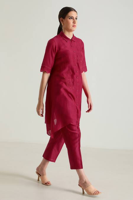 Arcvsh By Pallavi Singh_Fuchsia Silk, Chanderi, Viscose, Linen Thread Placement Shirt Tunic And Pant Set _at_Aza_Fashions