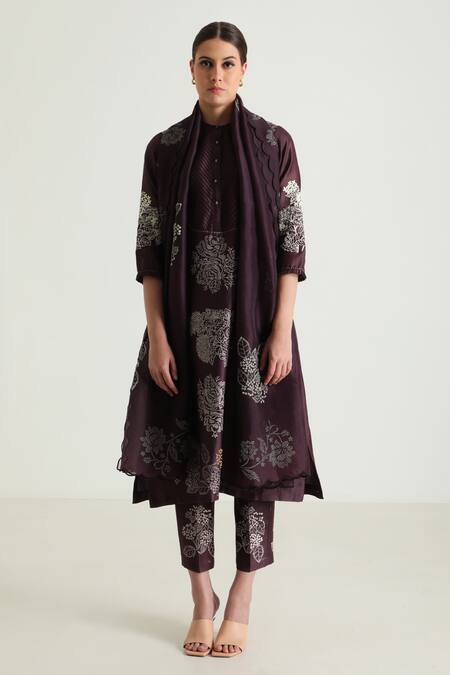Arcvsh By Pallavi Singh_Purple Silk, Chanderi Embroidery Bandeau Neck Printed Kurta And Pant Set _Online_at_Aza_Fashions