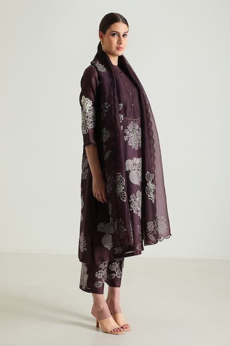 Arcvsh By Pallavi Singh_Purple Silk, Chanderi Embroidery Bandeau Neck Printed Kurta Set _Online_at_Aza_Fashions