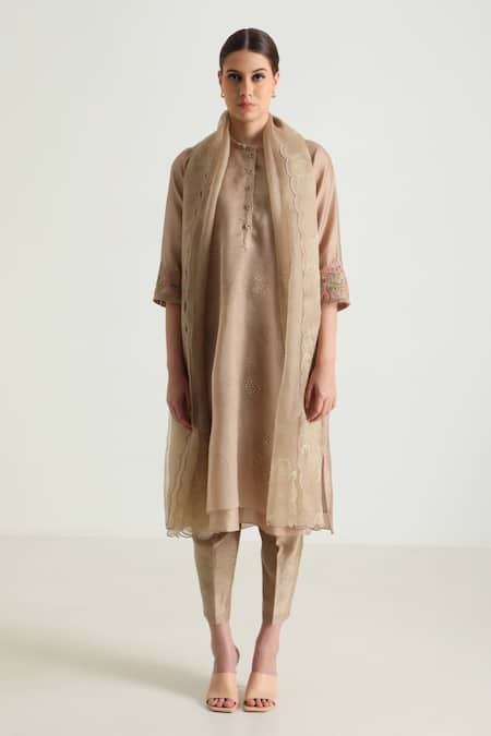 Arcvsh By Pallavi Singh Beige Organza, Silk, Chanderi Embroidery Printed Layered Tunic And Pant Set Online at Aza Fashions Arcvsh By Pallavi Singh_Beige Organza, Silk, Chanderi Embroidery Printed Layered Tunic And Pant Set _Online_at_Aza_Fashions