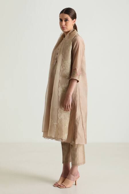 Shop Arcvsh By Pallavi Singh Beige Organza, Silk, Chanderi Embroidery Printed Layered Tunic And Pant Set Online at Aza Fashions Shop_Arcvsh By Pallavi Singh_Beige Organza, Silk, Chanderi Embroidery Printed Layered Tunic And Pant Set _Online_at_Aza_Fashions