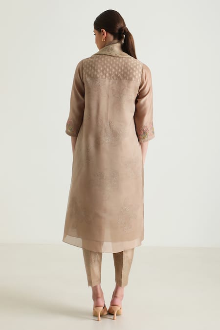 Shop Arcvsh By Pallavi Singh Beige Organza, Silk, Chanderi Embroidery Printed Layered Tunic And Pant Set at Aza Fashions Shop_Arcvsh By Pallavi Singh_Beige Organza, Silk, Chanderi Embroidery Printed Layered Tunic And Pant Set _at_Aza_Fashions