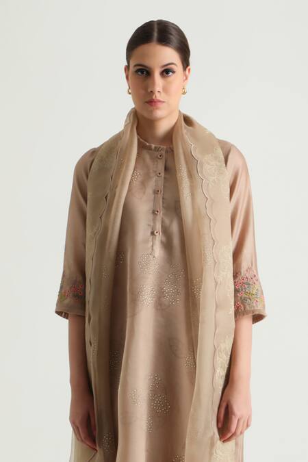 Arcvsh By Pallavi Singh Beige Organza, Silk, Chanderi Embroidery Bandeau Printed Layered Tunic Pant Set Online at Aza Fashions Arcvsh By Pallavi Singh_Beige Organza, Silk, Chanderi Embroidery Bandeau Printed Layered Tunic Pant Set _Online_at_Aza_Fashions