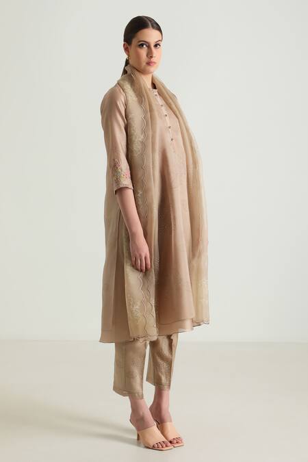Shop Arcvsh By Pallavi Singh Beige Organza, Silk, Chanderi Embroidery Bandeau Printed Layered Tunic Pant Set Online at Aza Fashions Shop_Arcvsh By Pallavi Singh_Beige Organza, Silk, Chanderi Embroidery Bandeau Printed Layered Tunic Pant Set _Online_at_Aza_Fashions