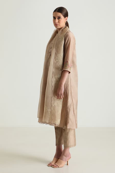 Arcvsh By Pallavi Singh Beige Organza, Silk, Chanderi Embroidery Bandeau Printed Layered Tunic Pant Set at Aza Fashions Arcvsh By Pallavi Singh_Beige Organza, Silk, Chanderi Embroidery Bandeau Printed Layered Tunic Pant Set _at_Aza_Fashions