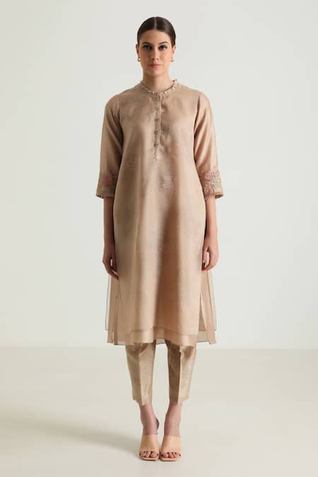 Buy Arcvsh By Pallavi Singh Beige Organza, Silk, Chanderi Embroidery Bandeau Printed Layered Tunic Pant Set Buy_Arcvsh By Pallavi Singh_Beige Organza, Silk, Chanderi Embroidery Bandeau Printed Layered Tunic Pant Set
