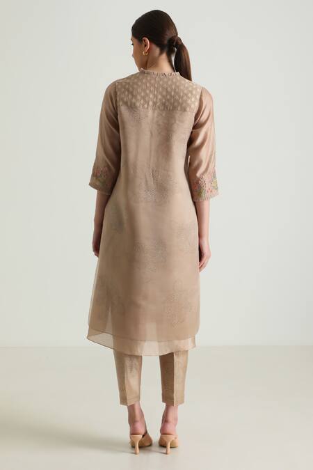 Shop Arcvsh By Pallavi Singh Beige Organza, Silk, Chanderi Embroidery Bandeau Printed Layered Tunic Pant Set Shop_Arcvsh By Pallavi Singh_Beige Organza, Silk, Chanderi Embroidery Bandeau Printed Layered Tunic Pant Set