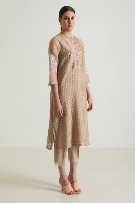 Shop_Arcvsh By Pallavi Singh_Beige Silk, Chanderi Embroidery Mandarin Collar Geometric Woven Kurta And Pant Set _Online_at_Aza_Fashions