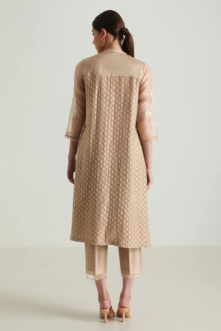 Shop_Arcvsh By Pallavi Singh_Beige Silk, Chanderi Embroidery Mandarin Collar Geometric Woven Kurta Pant Set _at_Aza_Fashions