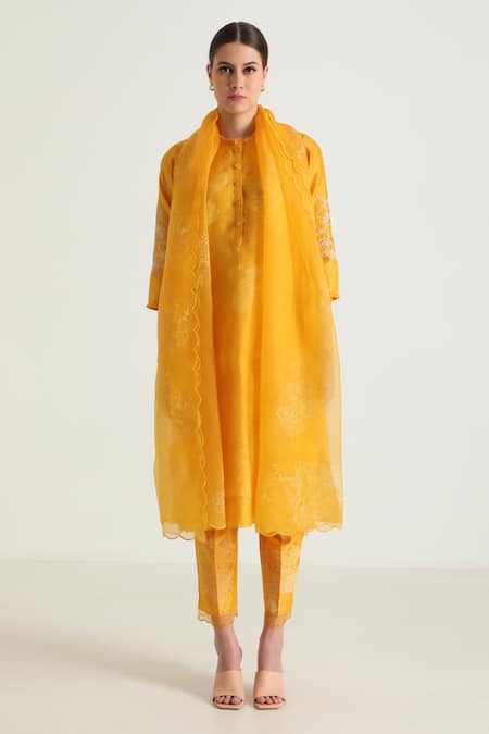 Arcvsh by Pallavi Singh Yellow Silk Chanderi Handblock Printed Botanical Round Kurta And Pant Set 