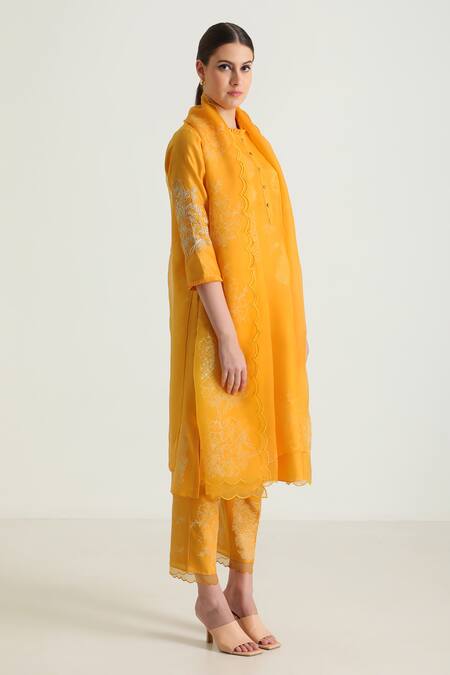 Buy Arcvsh By Pallavi Singh Yellow Organza, Silk, Chanderi Embroidery Round Botanical Print Kurta And Pant Set Online at Aza Fashions Buy_Arcvsh By Pallavi Singh_Yellow Organza, Silk, Chanderi Embroidery Round Botanical Print Kurta And Pant Set _Online_at_Aza_Fashions