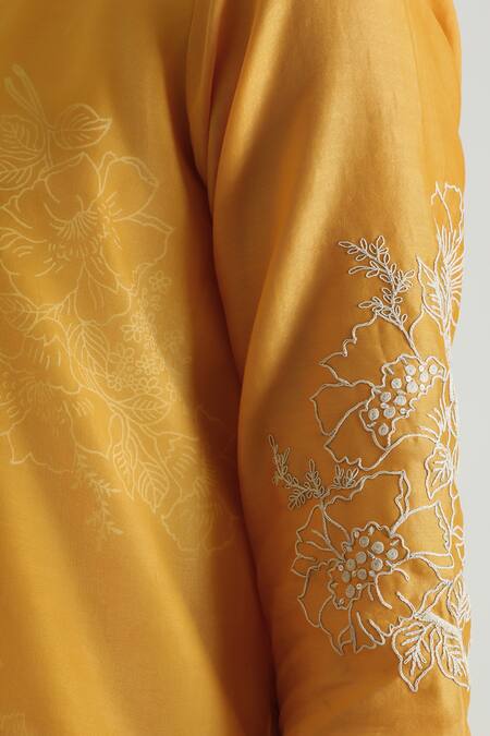 Buy Arcvsh By Pallavi Singh Yellow Organza, Silk, Chanderi Embroidery Round Botanical Print Kurta And Pant Set Buy_Arcvsh By Pallavi Singh_Yellow Organza, Silk, Chanderi Embroidery Round Botanical Print Kurta And Pant Set