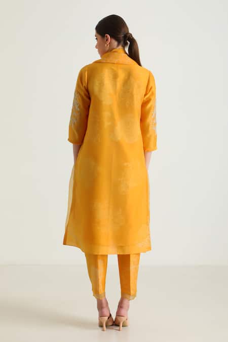 Shop Arcvsh By Pallavi Singh Yellow Organza, Silk, Chanderi Embroidery Round Botanical Print Kurta And Pant Set at Aza Fashions Shop_Arcvsh By Pallavi Singh_Yellow Organza, Silk, Chanderi Embroidery Round Botanical Print Kurta And Pant Set _at_Aza_Fashions