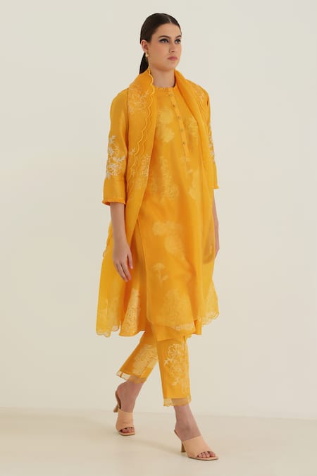 Arcvsh by Pallavi Singh Yellow Silk Chanderi Handblock Printed Botanical Round Kurta Pant Set 