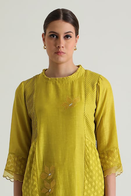 Buy_Arcvsh By Pallavi Singh_Green Silk, Chanderi Embroidery Round Neck Geometric Woven Tunic And Pant Set _Online_at_Aza_Fashions