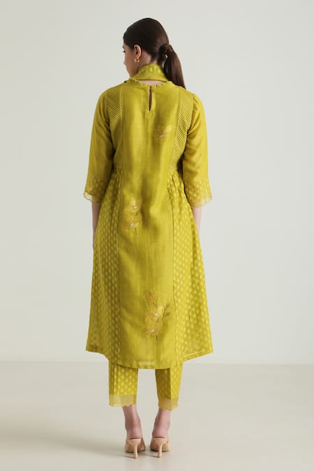 Shop_Arcvsh By Pallavi Singh_Green Silk, Chanderi Embroidery Round Neck Geometric Woven Tunic And Pant Set _at_Aza_Fashions