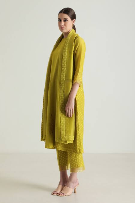 Buy_Arcvsh By Pallavi Singh_Green Silk, Chanderi Embroidery Round Neck Geometric Woven Tunic Pant Set 