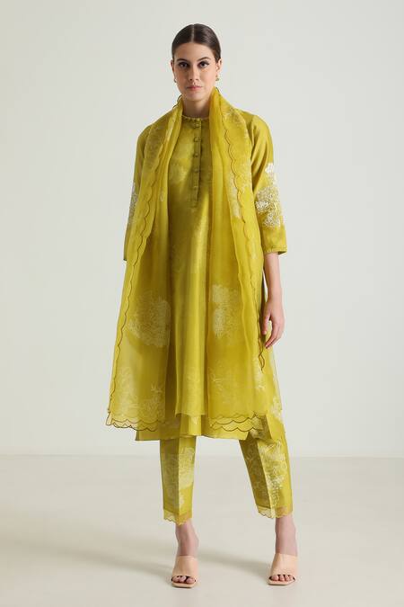 Arcvsh By Pallavi Singh Green Organza, Silk, Chanderi Embroidery Flower Handblock Print Kurta And Pant Set Online at Aza Fashions Arcvsh By Pallavi Singh_Green Organza, Silk, Chanderi Embroidery Flower Handblock Print Kurta And Pant Set _Online_at_Aza_Fashions