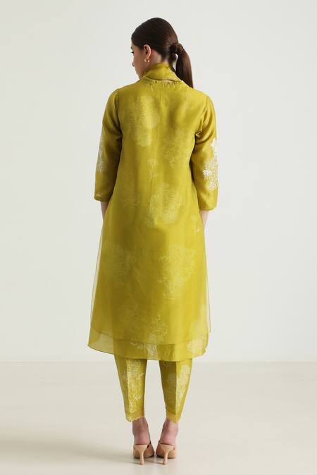 Arcvsh By Pallavi Singh Green Organza, Silk, Chanderi Embroidery Flower Handblock Print Kurta And Pant Set at Aza Fashions Arcvsh By Pallavi Singh_Green Organza, Silk, Chanderi Embroidery Flower Handblock Print Kurta And Pant Set _at_Aza_Fashions