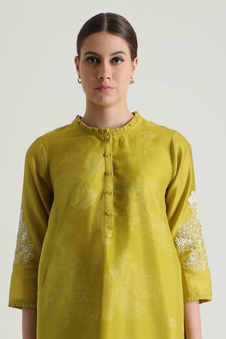 Buy Arcvsh By Pallavi Singh Green Organza, Silk, Chanderi Embroidery Flower Handblock Print Kurta And Pant Set Buy_Arcvsh By Pallavi Singh_Green Organza, Silk, Chanderi Embroidery Flower Handblock Print Kurta And Pant Set