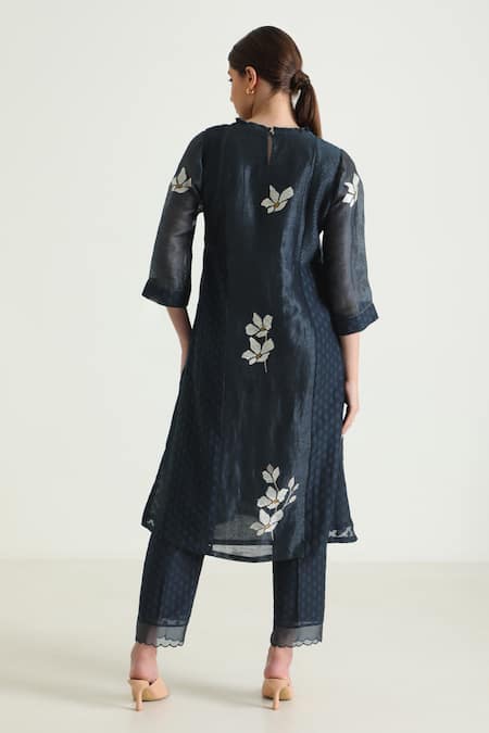 Shop Arcvsh By Pallavi Singh Blue Silk, Chanderi, Brocade Embroidery Round Floral Woven Kurta And Pant Set at Aza Fashions Shop_Arcvsh By Pallavi Singh_Blue Silk, Chanderi, Brocade Embroidery Round Floral Woven Kurta And Pant Set _at_Aza_Fashions