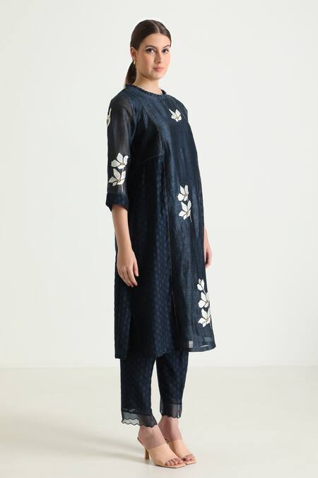 Shop Arcvsh By Pallavi Singh Blue Silk, Chanderi, Brocade Embroidery Round Neck Floral Woven Kurta Online at Aza Fashions Shop_Arcvsh By Pallavi Singh_Blue Silk, Chanderi, Brocade Embroidery Round Neck Floral Woven Kurta _Online_at_Aza_Fashions
