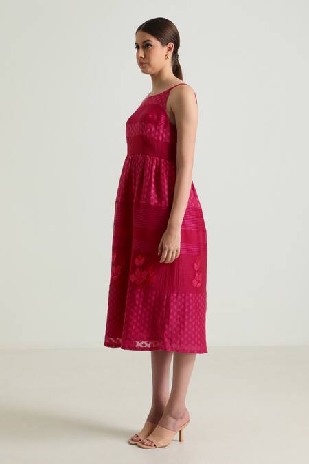 Arcvsh By Pallavi Singh_Fuchsia Organza, Cotton, Chanderi Embroidery, Lace Floral Detailed Midi Dress _Online_at_Aza_Fashions