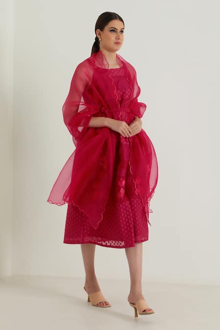 Arcvsh By Pallavi Singh Fuchsia Organza, Cotton, Chanderi Embroidery, Lace Floral Detailed Midi Dress at Aza Fashions Arcvsh By Pallavi Singh_Fuchsia Organza, Cotton, Chanderi Embroidery, Lace Floral Detailed Midi Dress _at_Aza_Fashions