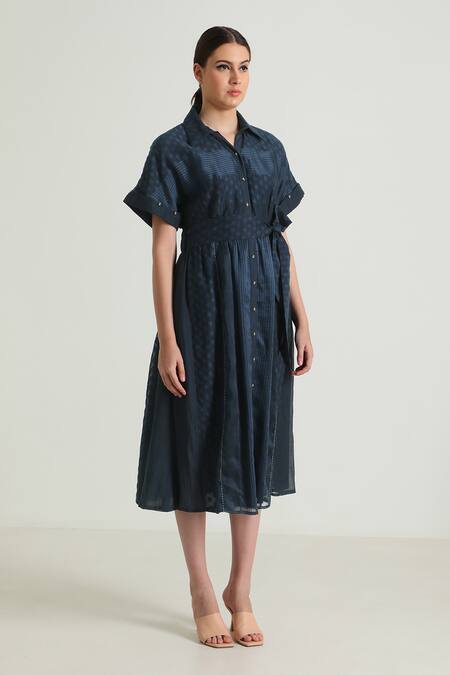 Arcvsh By Pallavi Singh_Blue Organza, Cotton, Chanderi Embroidery Collared Floral Pattern Midi Dress _Online_at_Aza_Fashions