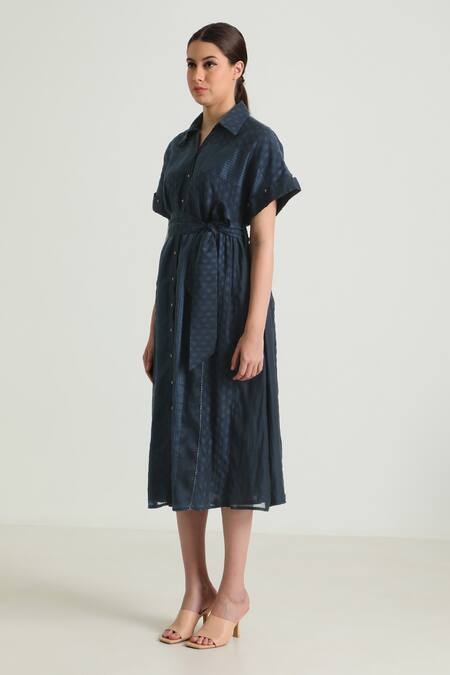 Buy_Arcvsh By Pallavi Singh_Blue Organza, Cotton, Chanderi Embroidery Collared Floral Pattern Midi Dress _Online_at_Aza_Fashions