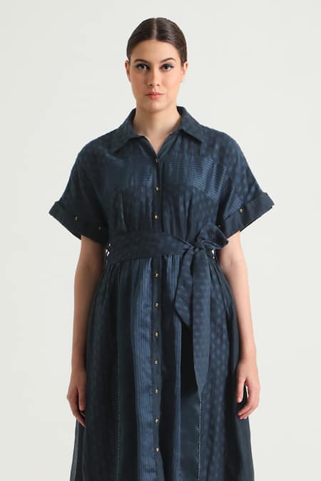 Shop_Arcvsh By Pallavi Singh_Blue Organza, Cotton, Chanderi Embroidery Collared Floral Pattern Midi Dress _Online_at_Aza_Fashions