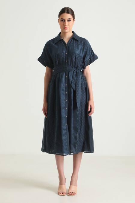 Arcvsh By Pallavi Singh_Blue Organza, Cotton, Chanderi Embroidery Collared Floral Pattern Midi Dress _at_Aza_Fashions