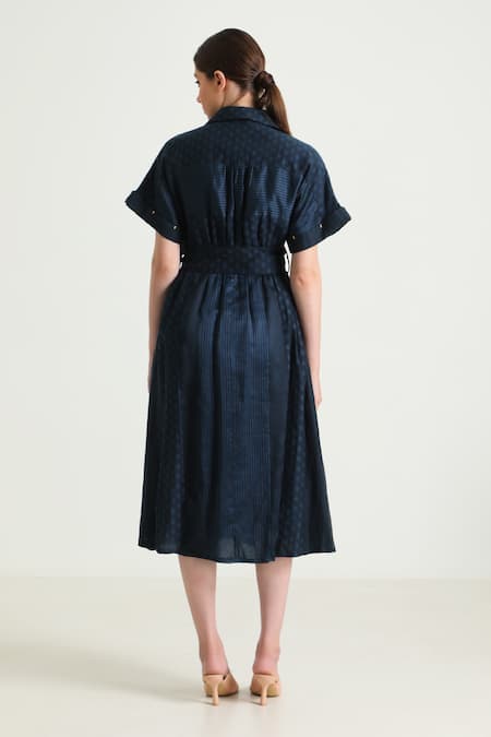 Shop_Arcvsh By Pallavi Singh_Blue Organza, Cotton, Chanderi Embroidery Collared Floral Pattern Midi Dress _at_Aza_Fashions