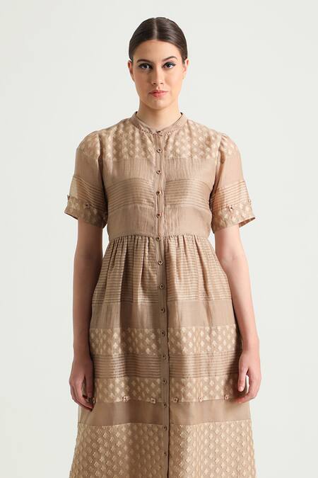 Arcvsh By Pallavi Singh_Beige Organza, Cotton, Chanderi Embroidery, Lace Collared Detailed Midi Dress _Online_at_Aza_Fashions