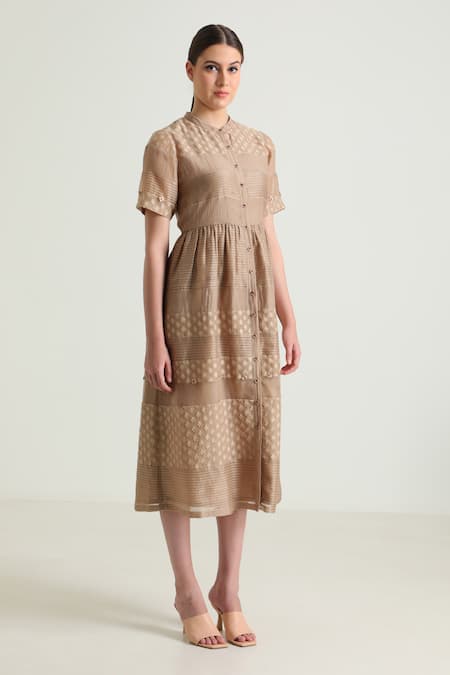 Buy_Arcvsh By Pallavi Singh_Beige Organza, Cotton, Chanderi Embroidery, Lace Collared Detailed Midi Dress _Online_at_Aza_Fashions