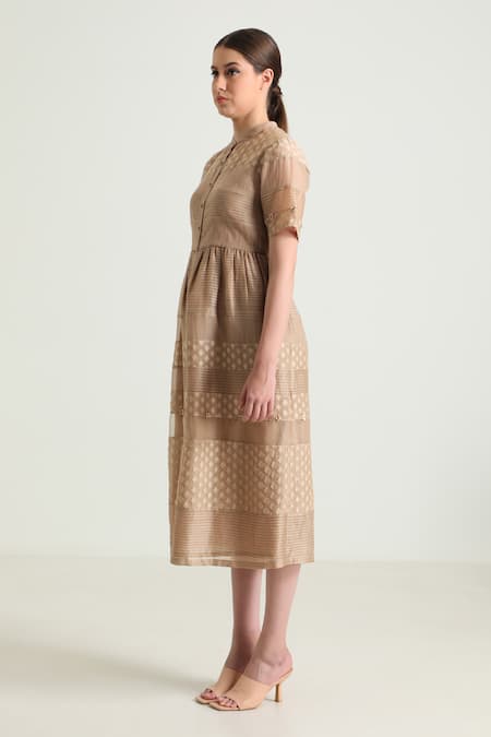 Shop_Arcvsh By Pallavi Singh_Beige Organza, Cotton, Chanderi Embroidery, Lace Collared Detailed Midi Dress _Online_at_Aza_Fashions