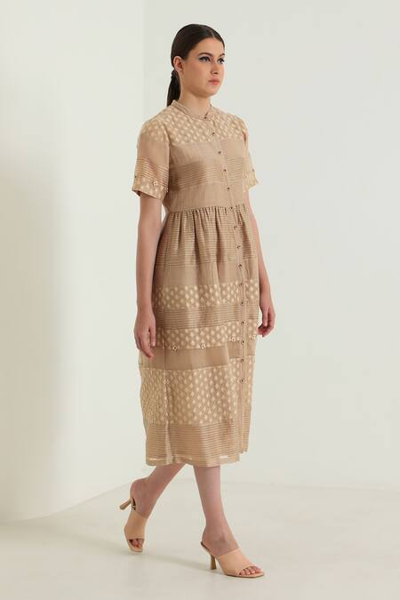 Arcvsh By Pallavi Singh_Beige Organza, Cotton, Chanderi Embroidery, Lace Collared Detailed Midi Dress _at_Aza_Fashions